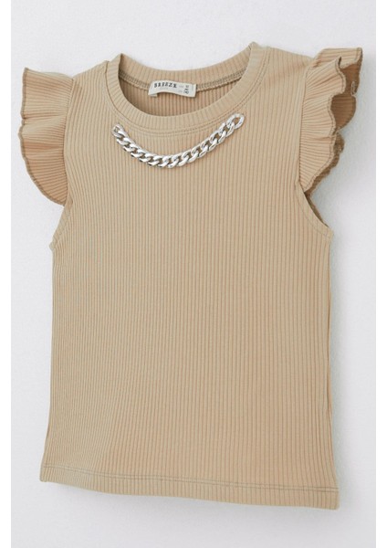 Kız Çocuk Tişört Kemer Boy Yakası Zincir Aksesuarlı 9-14 Yaş, Kahverengi modelleri