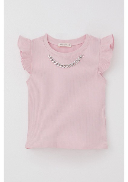 Kız Çocuk Tişört Kemer Boy Yakası Zincir Aksesuarlı 9-14 Yaş, Pembe
