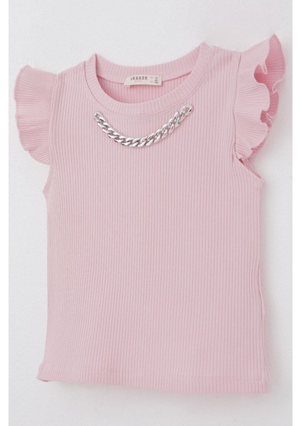 Kız Çocuk Tişört Kemer Boy Yakası Zincir Aksesuarlı 9-14 Yaş, Pembe modelleri