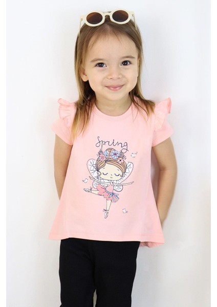 Kız Çocuk Tişört Bahar Temalı Balerin Kız Baskılı 1.5-5 Yaş, Somon