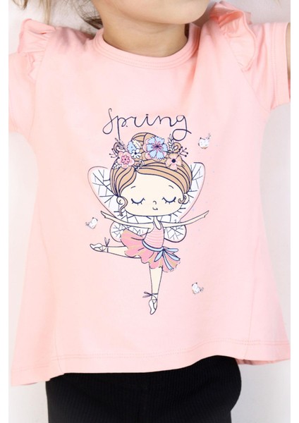Kız Çocuk Tişört Bahar Temalı Balerin Kız Baskılı 1.5-5 Yaş, Somon modelleri