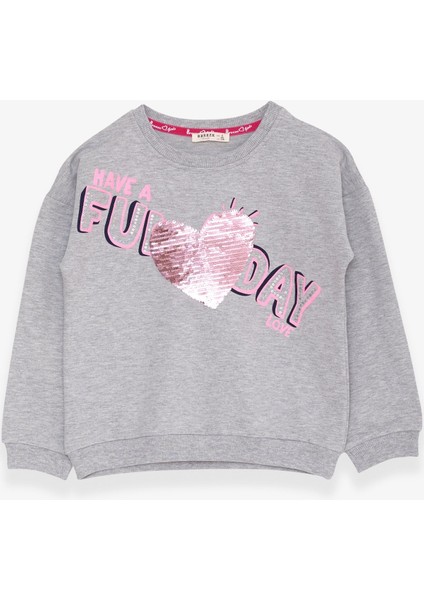 Kız Çocuk Sweatshirt Pullu Yazı Baskılı 4-8 Yaş, Açık Gri Melanj