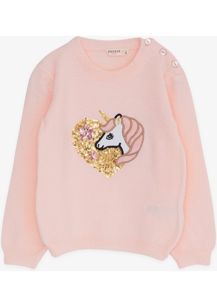 Kız Çocuk Triko Kazak Pullu Unicorn Baskılı 1.5-5 Yaş, Pudra