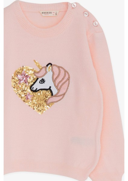 Kız Çocuk Triko Kazak Pullu Unicorn Baskılı 1.5-5 Yaş, Pudra