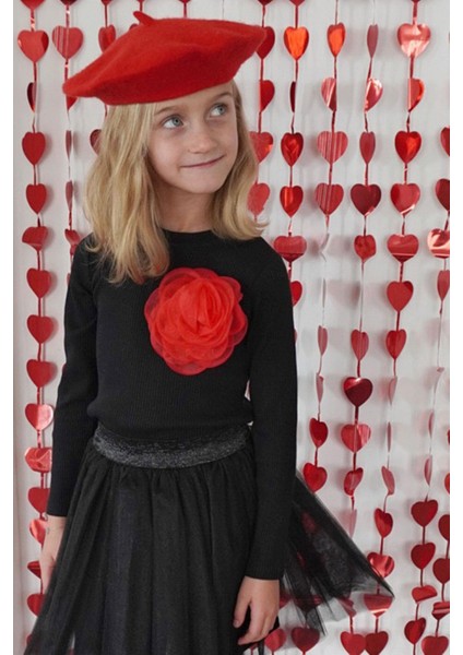 Kız Çocuk Uzun Kollu Tişört Gül Aksesuarlı 8-14 Yaş, Siyah modelleri