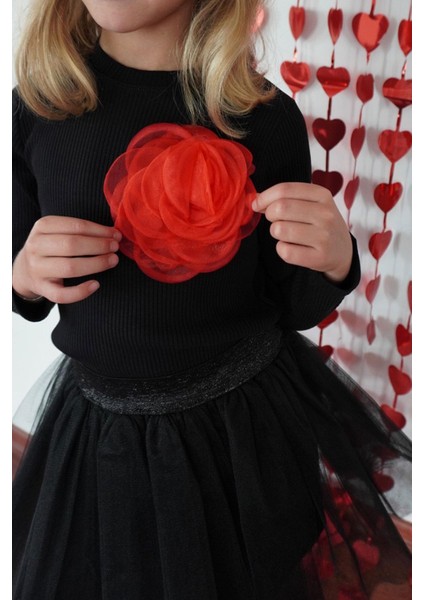 Kız Çocuk Uzun Kollu Tişört Gül Aksesuarlı 8-14 Yaş, Siyah fırsatları