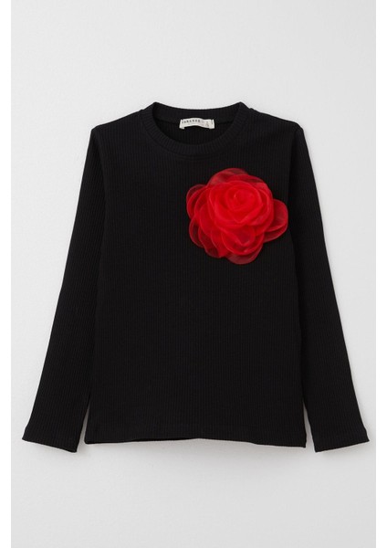 Kız Çocuk Uzun Kollu Tişört Gül Aksesuarlı 8-14 Yaş, Siyah indirimleri