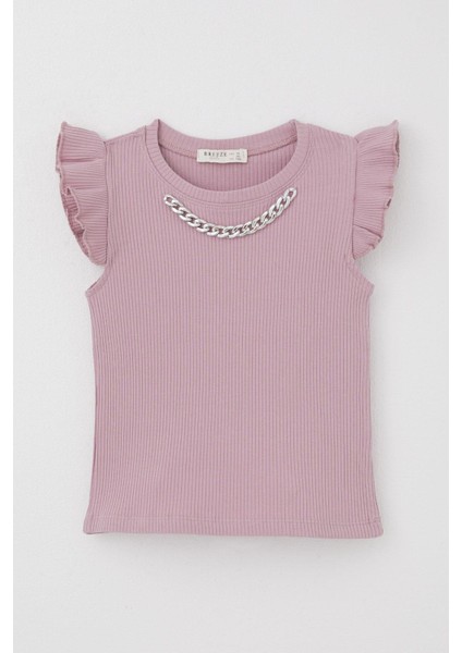 Kız Çocuk Tişört Kemer Boy Yakası Zincir Aksesuarlı 9-14 Yaş, Gülkurusu