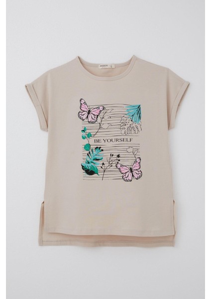 Kız Çocuk Tişört Kelebek & Çiçek Baskılı 10-16 Yaş, Bej