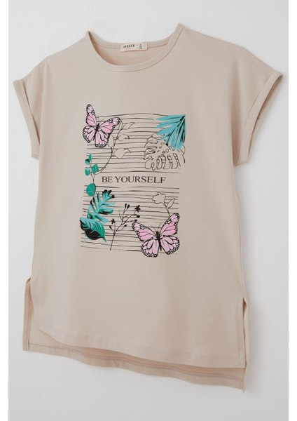 Kız Çocuk Tişört Kelebek & Çiçek Baskılı 10-16 Yaş, Bej modelleri