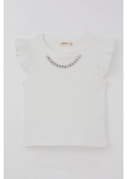 Kız Çocuk Tişört Kemer Boy Yakası Zincir Aksesuarlı 9-14 Yaş, Ekru