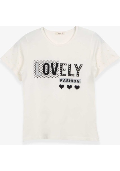 Kız Çocuk Tişört Yazı Baskılı 9-16 Yaş, Ekru
