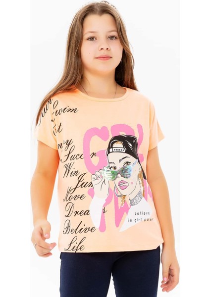 Kız Çocuk Tişört Kız Baskılı 10-16 Yaş, Neon Turuncu