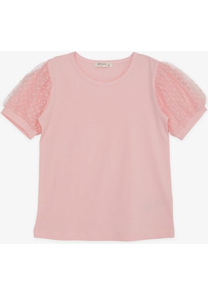 Kız Çocuk Tişört Kolları Tüllü 8-12 Yaş, Pembe