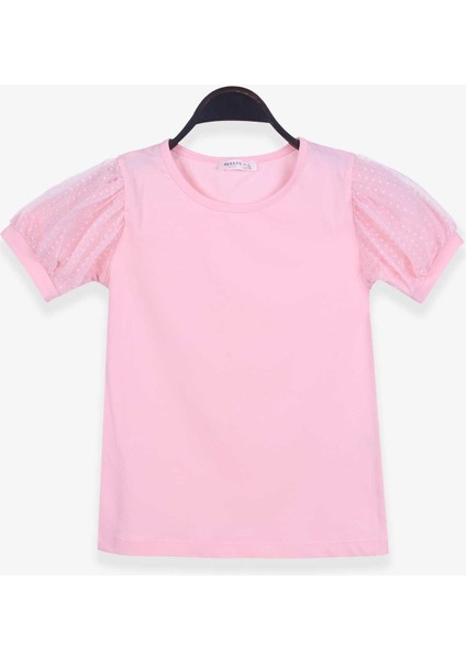 Kız Çocuk Tişört Kolları Tüllü 8-12 Yaş, Somon
