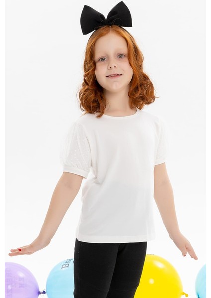 Kız Çocuk Tişört Kolları Tüllü 8-12 Yaş, Ekru