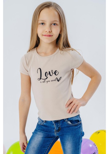 Kız Çocuk Tişört Kemer Boy Yazı Baskılı 8-14 Yaş, Bej