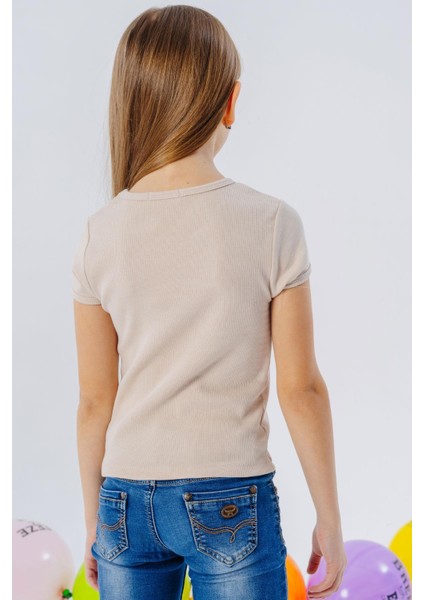 Kız Çocuk Tişört Kemer Boy Yazı Baskılı 8-14 Yaş, Bej fiyatları