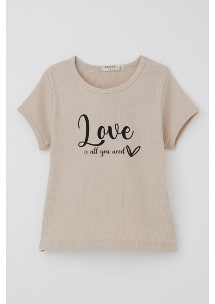 Kız Çocuk Tişört Kemer Boy Yazı Baskılı 8-14 Yaş, Bej modelleri