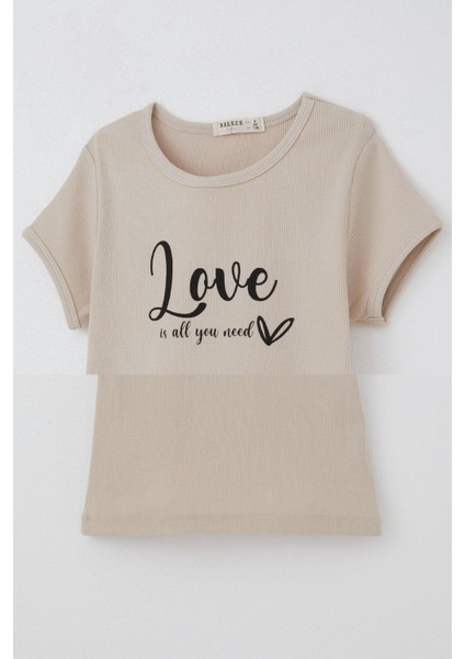Kız Çocuk Tişört Kemer Boy Yazı Baskılı 8-14 Yaş, Bej indirimleri