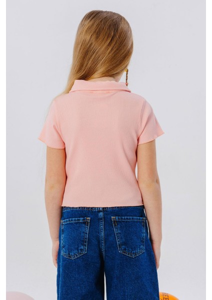Kız Çocuk Tişört Crop Çıtçıtlı Fitilli 9-14 Yaş, Somon