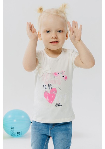 Kız Çocuk Tişört Sevimli Kuş Baskılı Kalpli 1-4 Yaş, Ekru