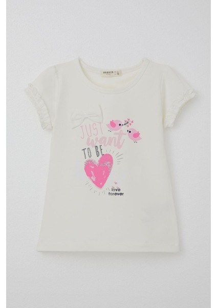Kız Çocuk Tişört Sevimli Kuş Baskılı Kalpli 1-4 Yaş, Ekru fırsatları