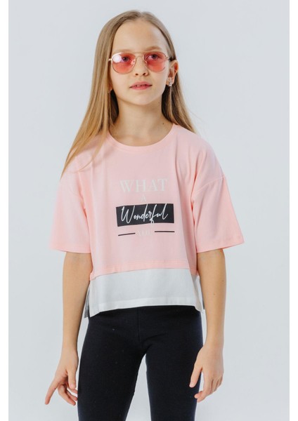 Kız Çocuk Crop Tişört Yanları Yırtmaçlı Yazı Baskılı 9-14 Yaş, Pembe