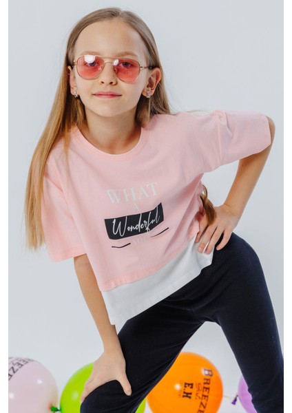 Kız Çocuk Crop Tişört Yanları Yırtmaçlı Yazı Baskılı 9-14 Yaş, Pembe fiyatları