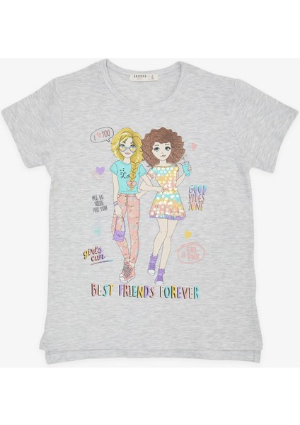 Kız Çocuk Tişört Dostluk Temalı 8-12 Yaş, Açık Gri Melanj