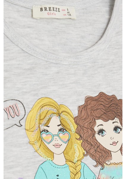 Kız Çocuk Tişört Dostluk Temalı 8-12 Yaş, Açık Gri Melanj modelleri