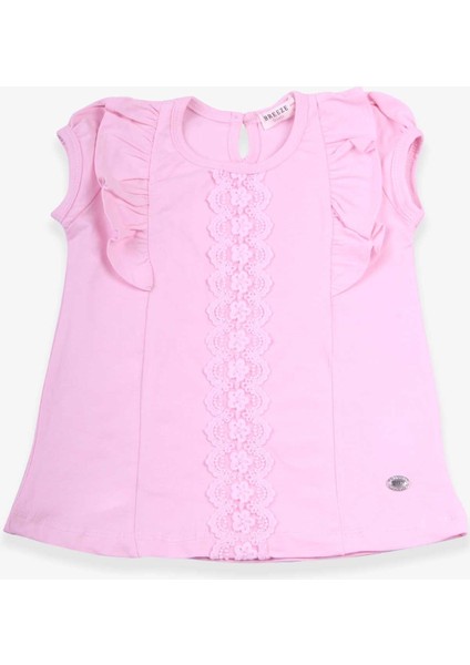 Kız Çocuk Tişört Fırfırlı Güpürlü 3-8 Yaş, Pudra