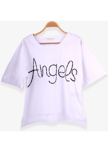 Kız Çocuk Tişört Taşlı Yazı Baskılı 9-16 Yaş, Beyaz