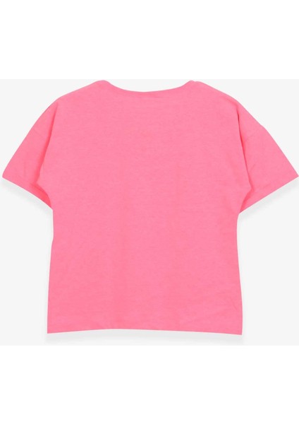 Kız Çocuk Tişört Kalpli Simli Kız Baskılı 9-16 Yaş, Neon Pembe