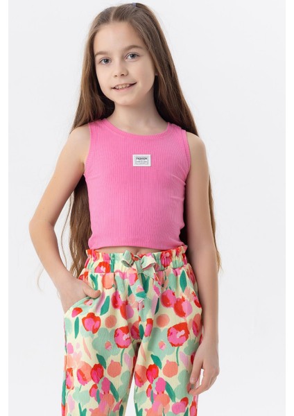 Kız Çocuk Askılı Tişört Armalı Taşlı 9-14 Yaş, Fuşya