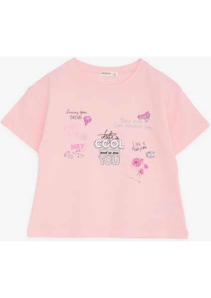 Kız Çocuk Crop Tişört Mutluluk Temalı 8-14 Yaş, Pudra modelleri