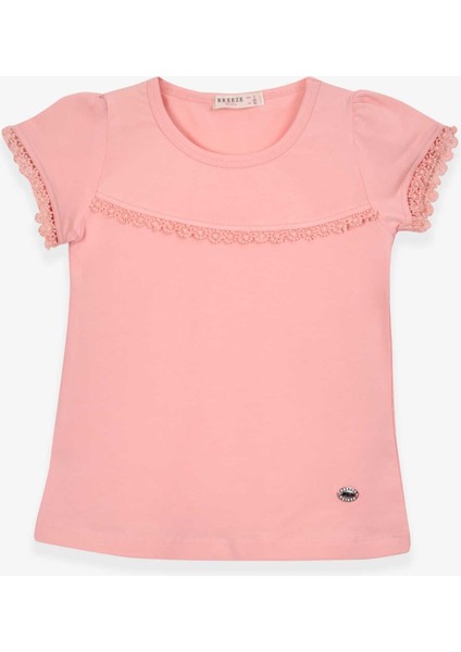 Kız Çocuk Tişört Kolları Güpürlü 2-6 Yaş, Somon