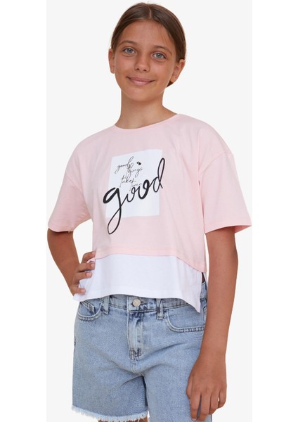 Kız Çocuk Crop Tişört Yazı Baskılı Yanları Yırtmaçlı 9-14 Yaş, Pembe