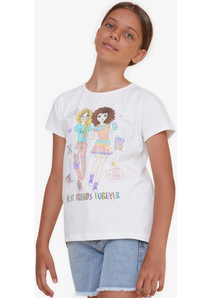 Kız Çocuk Tişört Dostluk Temalı 8-12 Yaş, Ekru