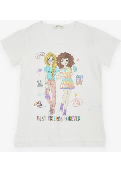 Kız Çocuk Tişört Dostluk Temalı 8-12 Yaş, Ekru modelleri