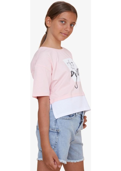 Kız Çocuk Crop Tişört Yazı Baskılı Yanları Yırtmaçlı 9-14 Yaş, Pembe fiyatları