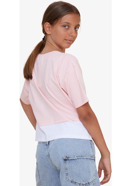 Kız Çocuk Crop Tişört Yazı Baskılı Yanları Yırtmaçlı 9-14 Yaş, Pembe modelleri