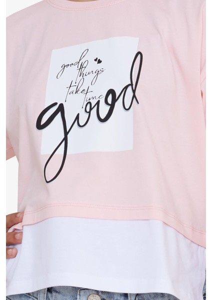 Kız Çocuk Crop Tişört Yazı Baskılı Yanları Yırtmaçlı 9-14 Yaş, Pembe fırsatları