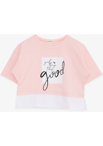 Kız Çocuk Crop Tişört Yazı Baskılı Yanları Yırtmaçlı 9-14 Yaş, Pembe indirimleri