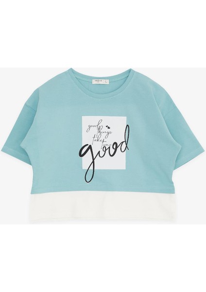 Kız Çocuk Crop Tişört Yazı Baskılı Yanları Yırtmaçlı 9-14 Yaş, Mint Yeşili