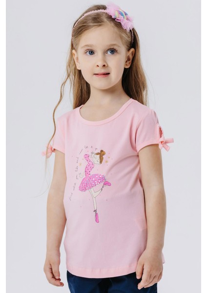 Kız Çocuk Tişört Dansçı Kız Baskılı Pullu 2-6 Yaş, Pembe