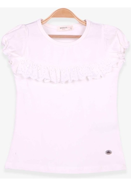 Kız Çocuk Tişört Güpürlü Kolları Lastikli 3-8 Yaş, Ekru