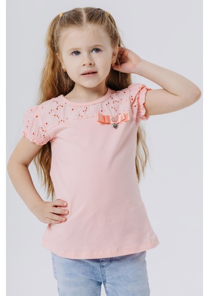 Kız Çocuk Tişört Güpürlü Aksesuarlı 5-10 Yaş, Somon