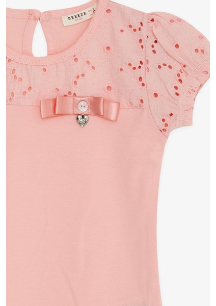 Kız Çocuk Tişört Güpürlü Aksesuarlı 5-10 Yaş, Somon indirimleri