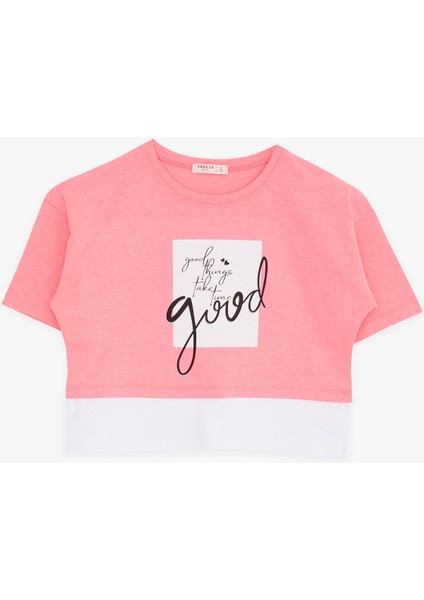 Kız Çocuk Crop Tişört Yazı Baskılı Yanları Yırtmaçlı 9-14 Yaş, Neon Pembe